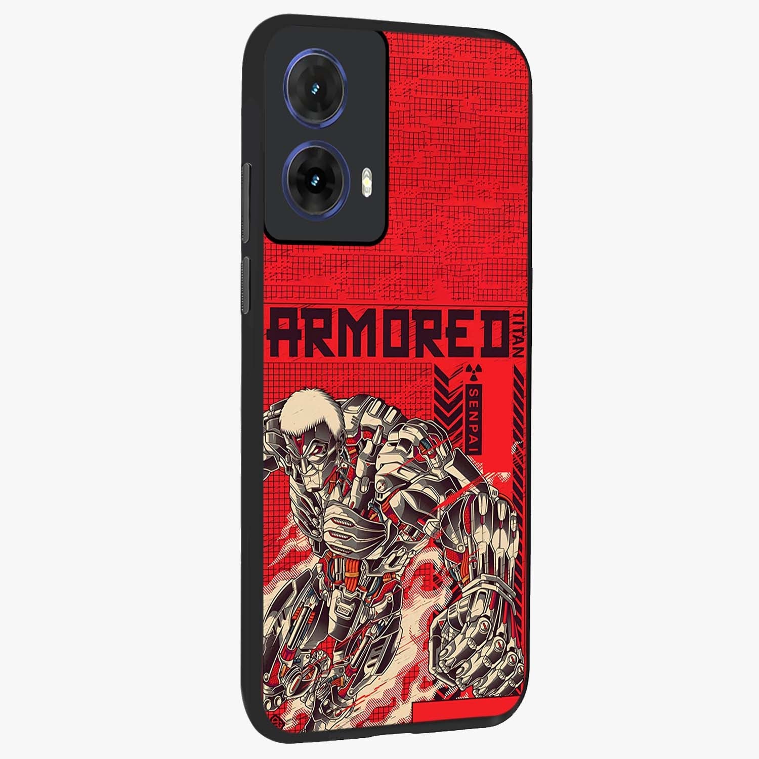 Crimson Mecha Titan Glass Case upright view showcasing dynamic robotic titan design with sci-fi inspired theme.