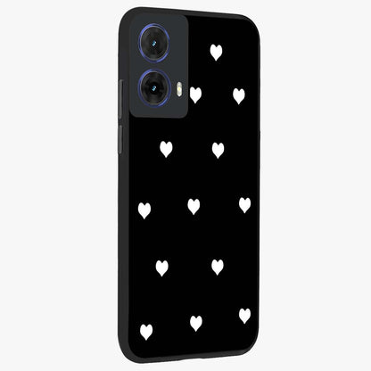Cute And Simple White Hearts Glass Case upright view showcasing simple white hearts artwork with soft minimal theme.