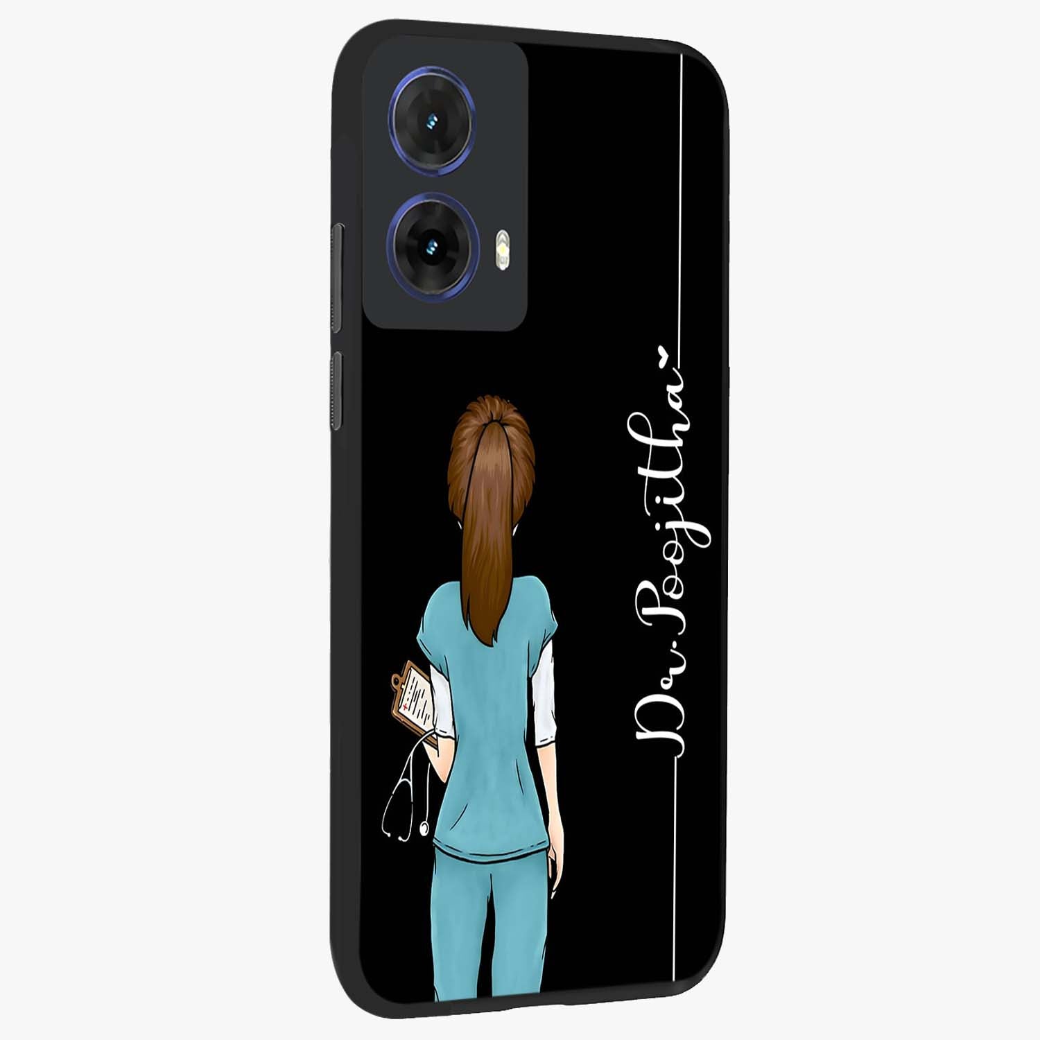 Doctor Pattern Custom Name Glass Case upright view showcasing healthcare themed design with personalized aesthetic.
