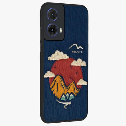 Dream Beyond Mountains Glass Case upright view showcasing beautiful mountain scenery with inspirational nature theme.