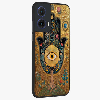 Ethereal Evil Eye Glass Case upright view showcasing celestial evil eye artwork with mystical theme.