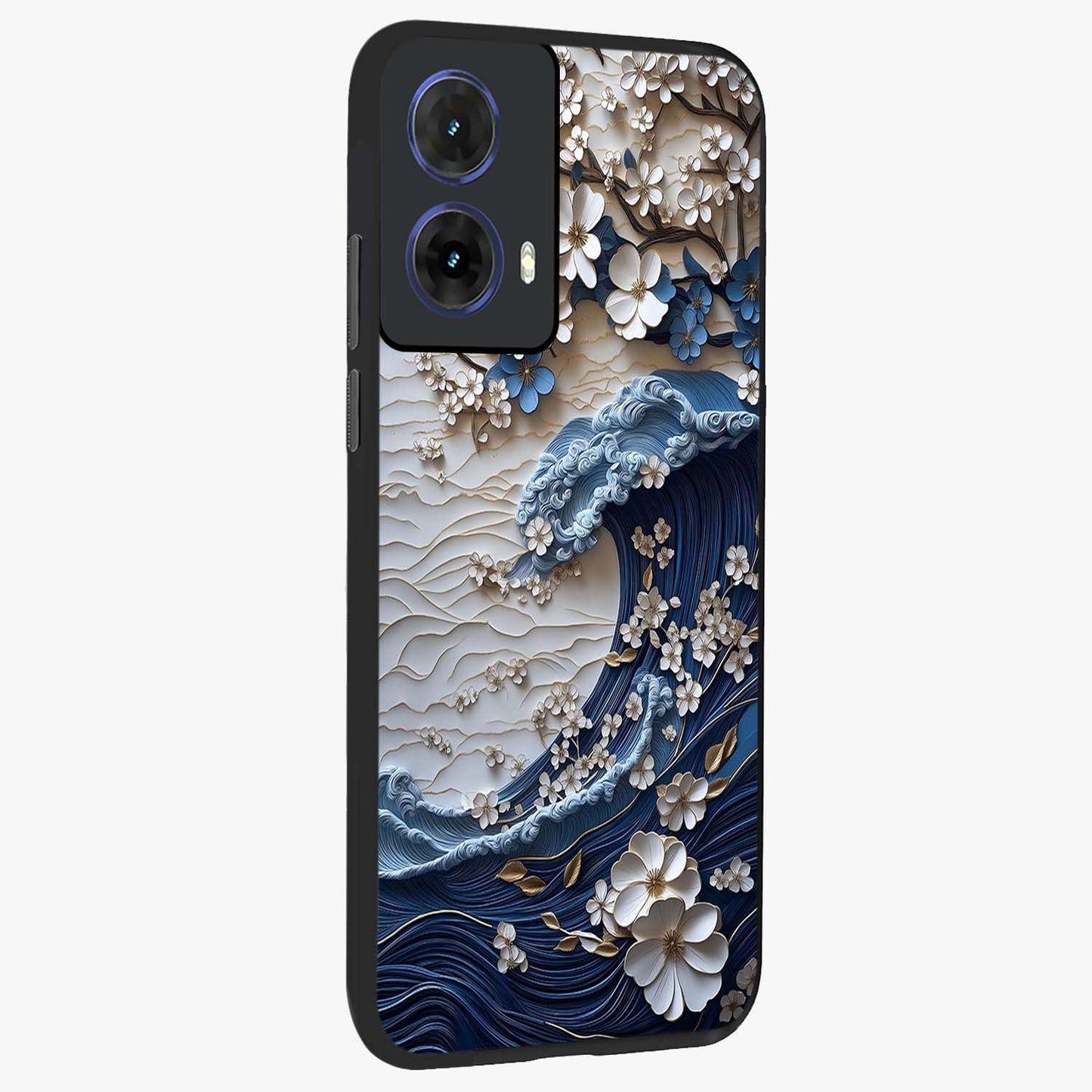 Floral Wave Origami Glass Case upright view showcasing creative floral origami artwork with artistic decorative theme.
