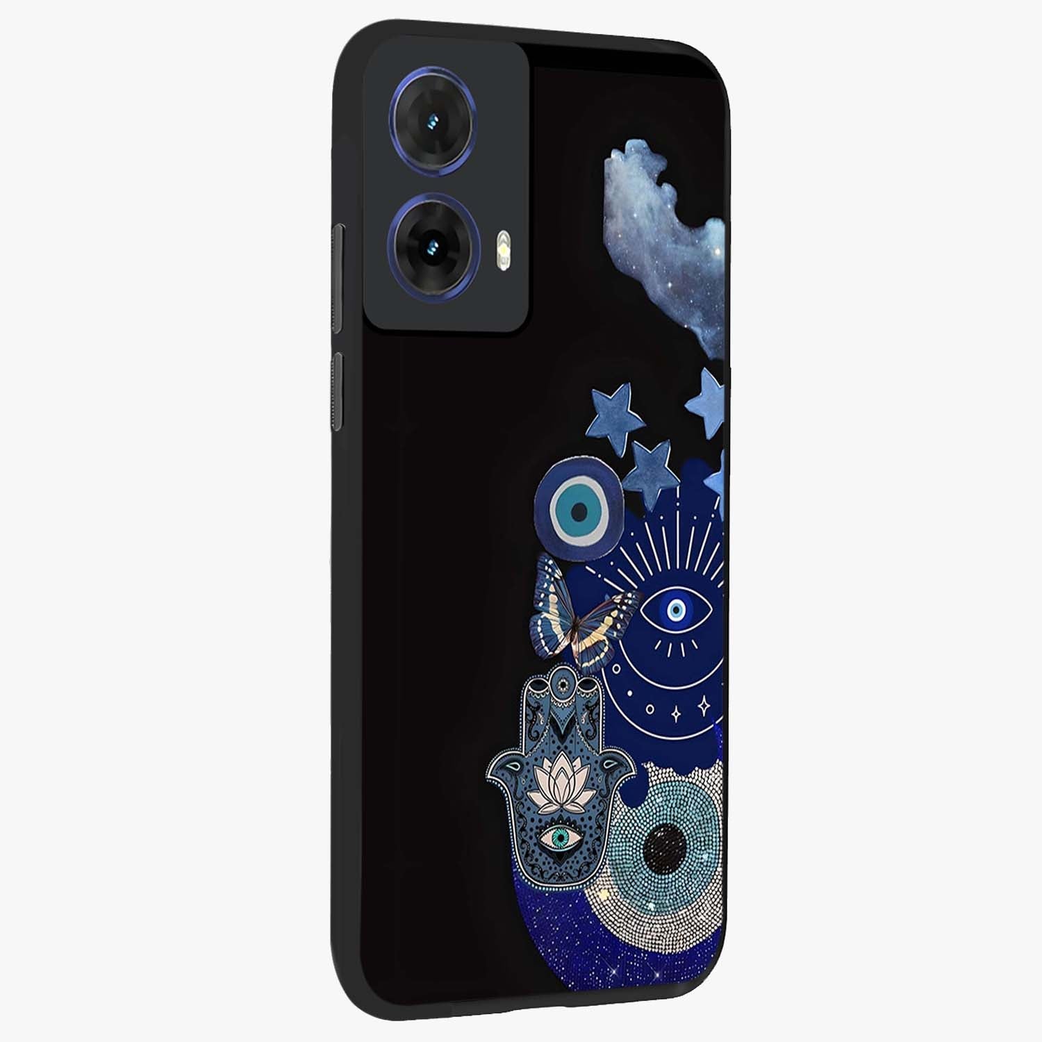 Galactic Charm Cluster Glass Case upright view showcasing glowing cosmic charm artwork with magical celestial style.