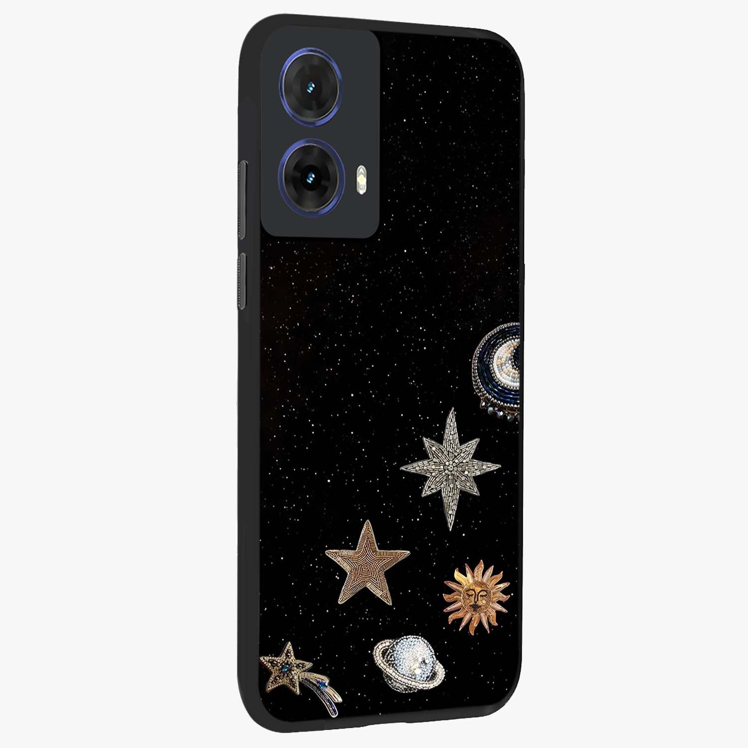 Galactic Charm Glow Glass Case upright view showcasing glowing cosmic charm artwork with magical celestial style.