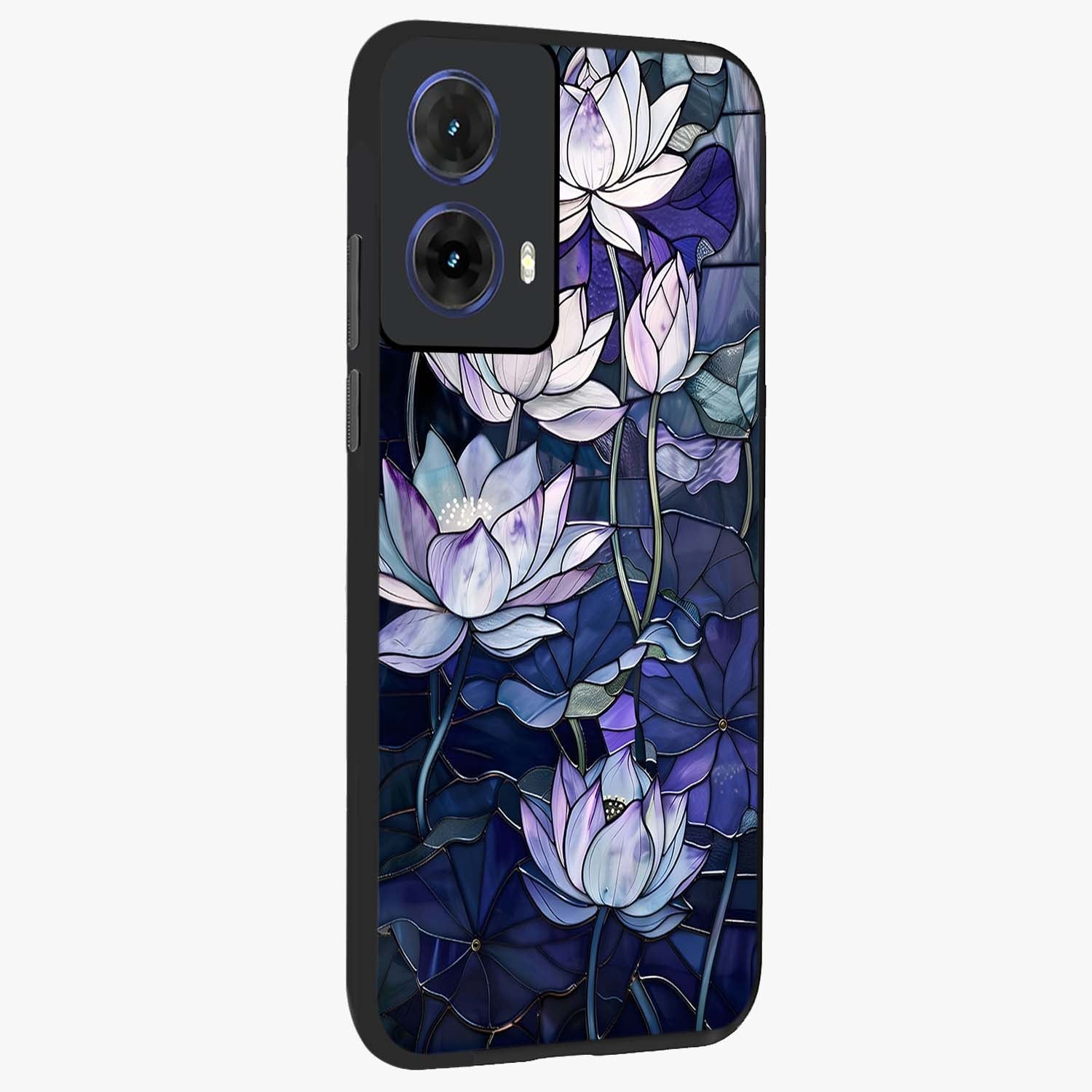 Gloss Petal Rush Glass Case upright view showcasing dynamic floral petal artwork with modern botanical theme.