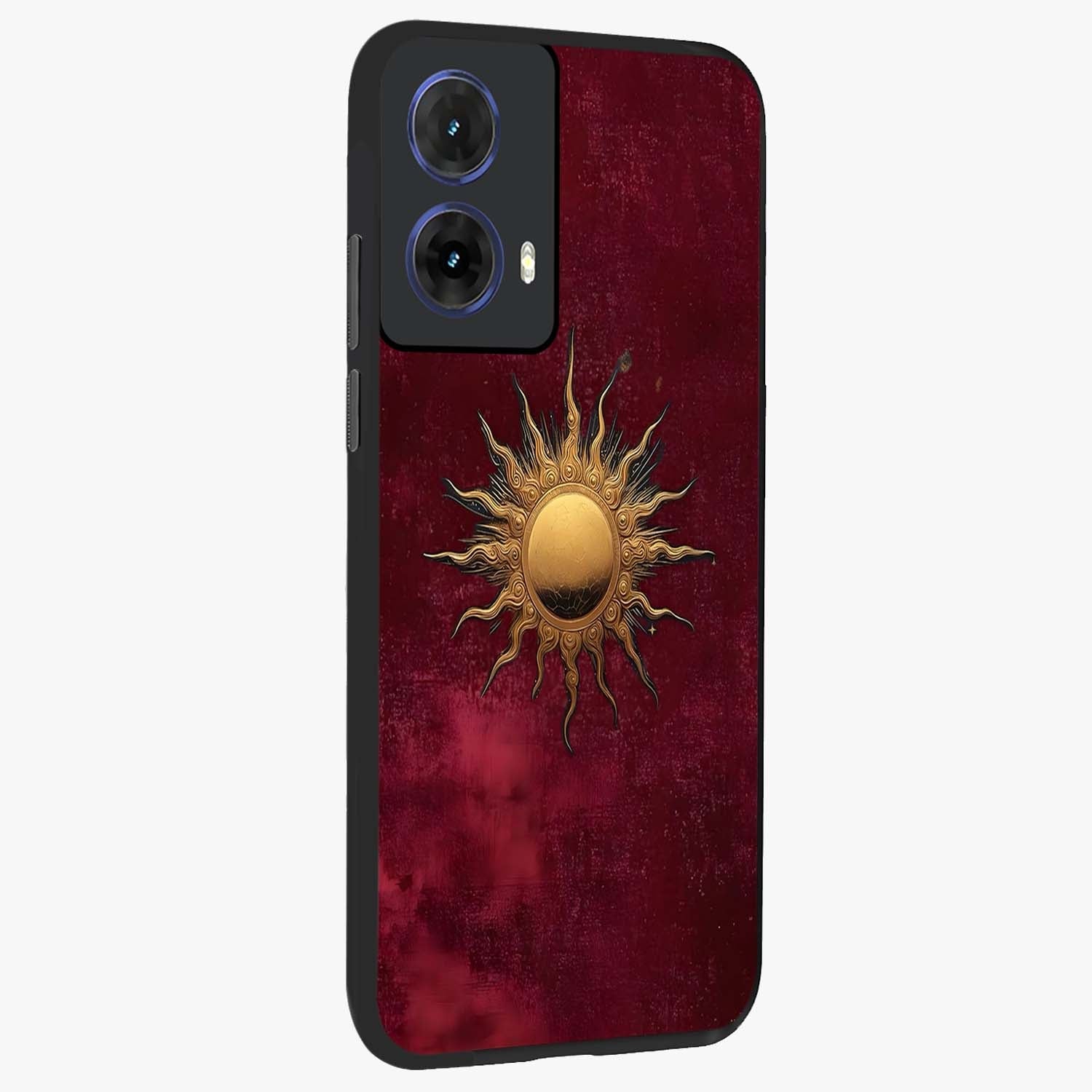 Golden Sun Minimalism Glass Case upright view showcasing simple golden sun artwork with elegant minimalist style.