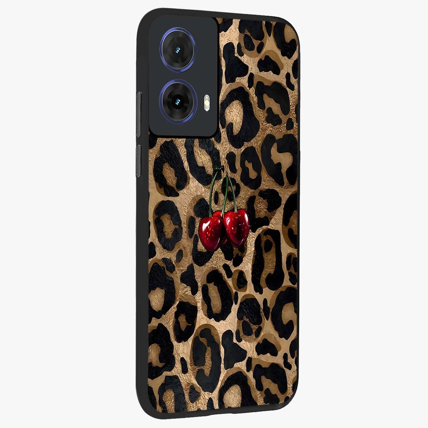 Leopard Wild Cherry Glass Case upright view showcasing stylish leopard pattern artwork with trendy fashion theme.