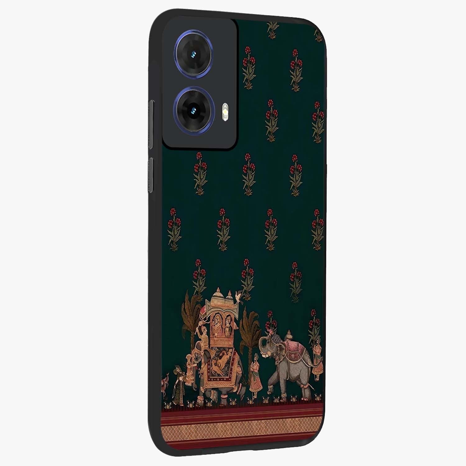 Macmerise Glass Case upright view showcasing bold artistic artwork with contemporary design theme.