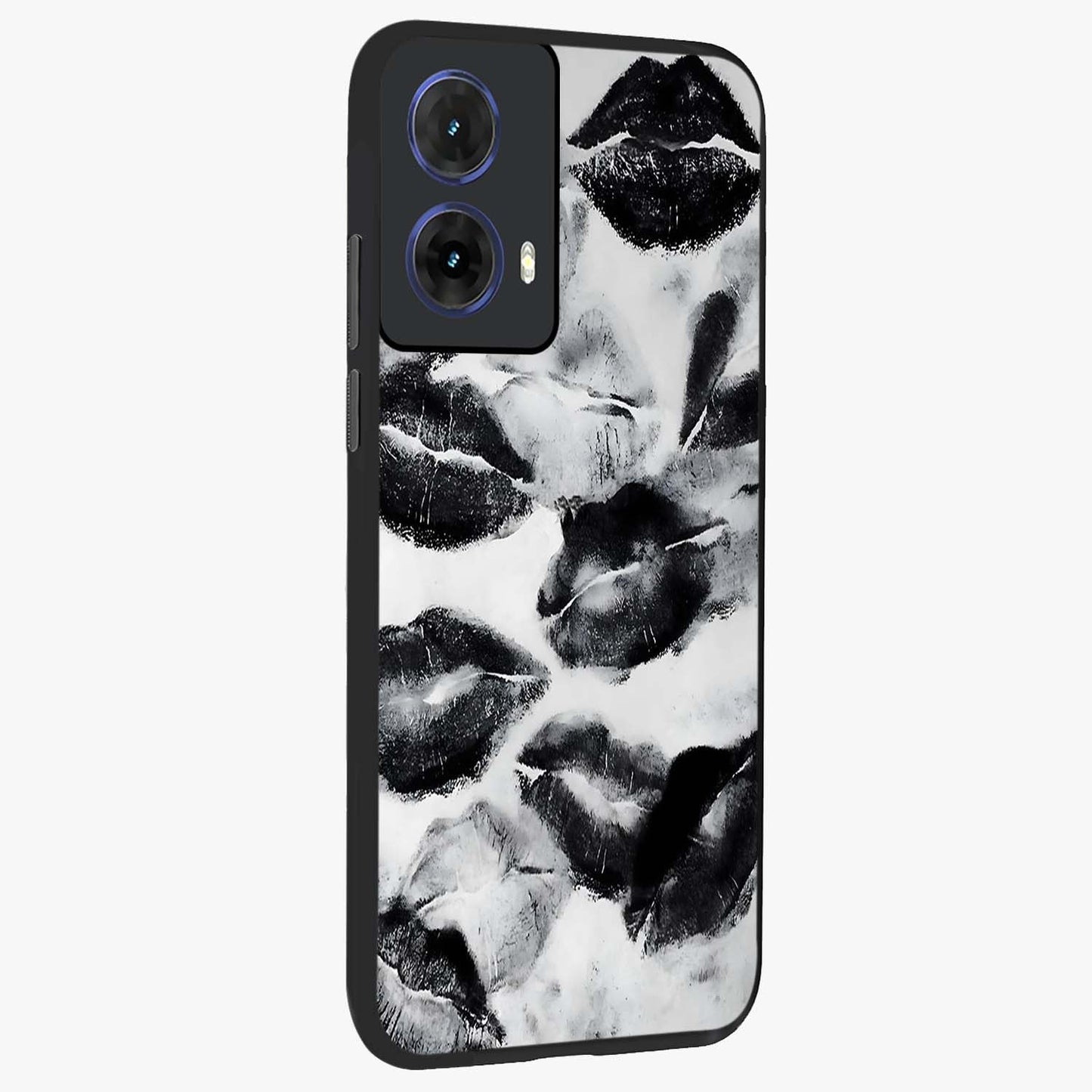 Midnight Kiss Marks Glass Case upright view showcasing stylish kiss mark artwork with trendy romantic theme.