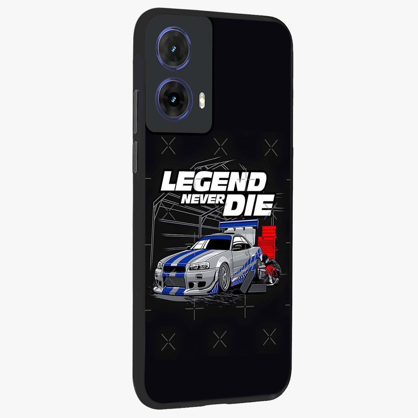 Midnight Racing Legacy Glass Case upright view showcasing powerful racing artwork with modern sports theme.