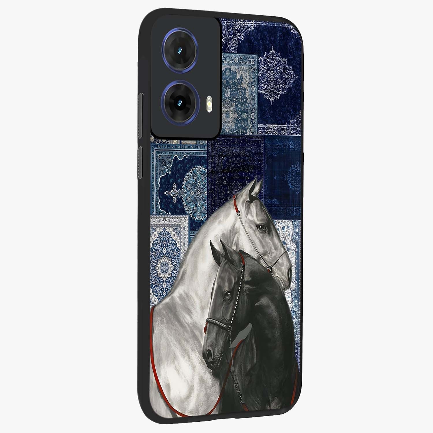 Midnight Stallion Blues Glass Case upright view showcasing dramatic horse artwork with bold artistic theme.