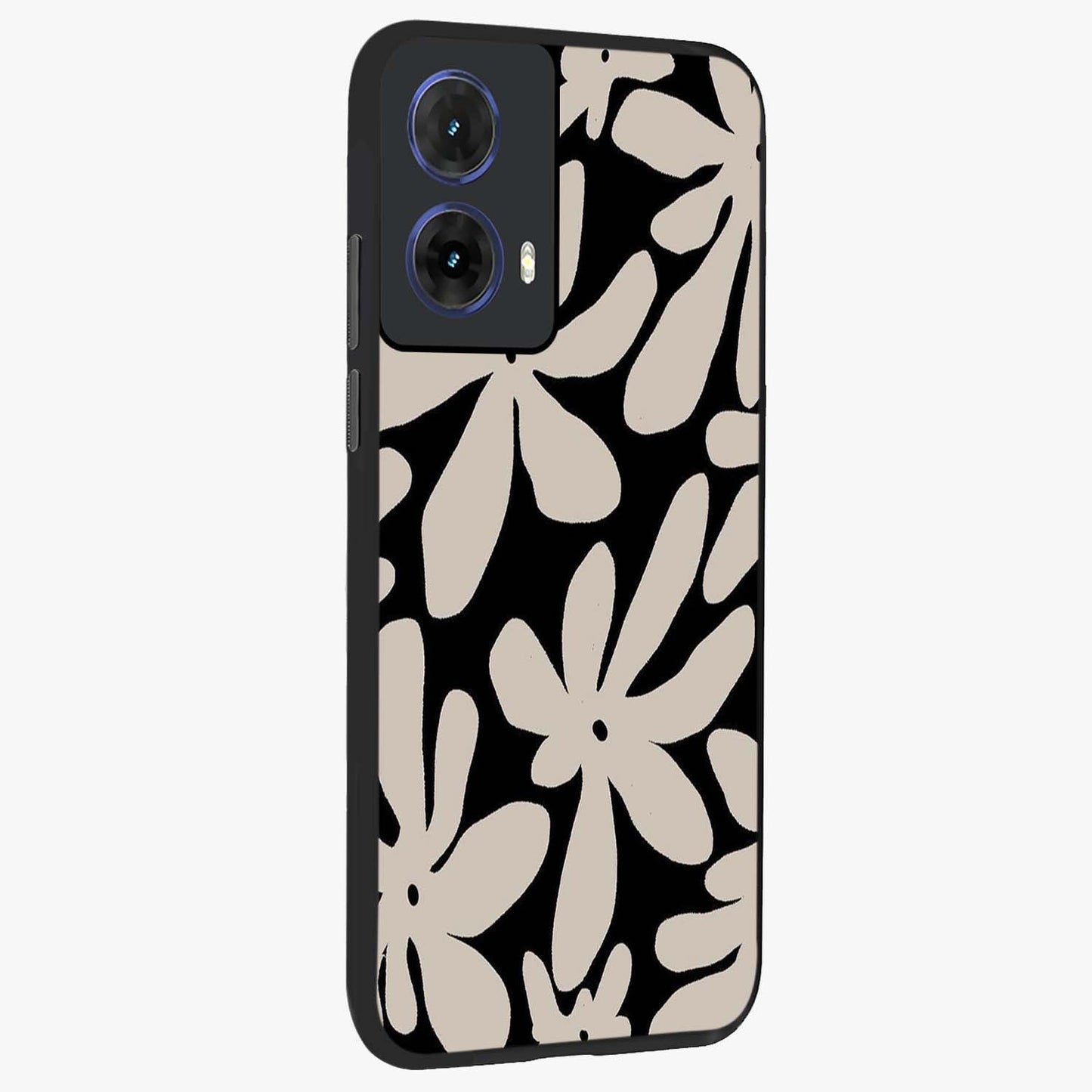 Monochrome Petal Dance Glass Case upright view showcasing artistic floral pattern with stylish monochrome theme.