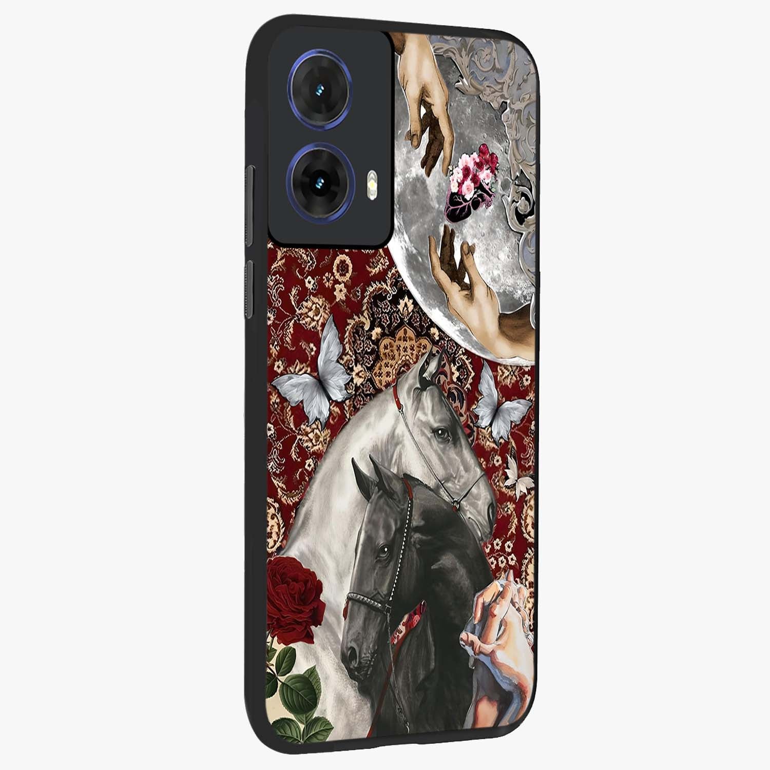 Moonlit Royal Stallion Glass Case upright view showcasing dramatic horse artwork with glowing moon themed design.