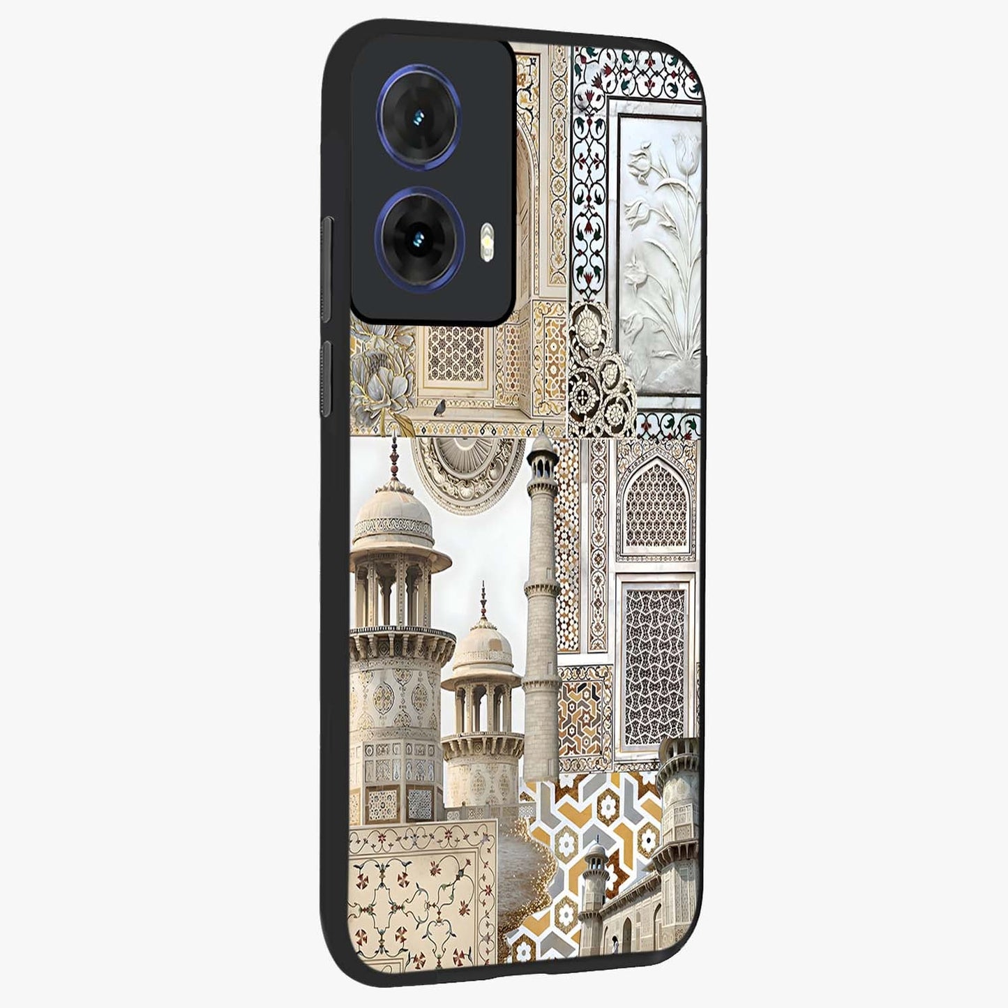 Mughal Marble Legacy Glass Case upright view showcasing ornate Mughal design with luxurious traditional theme.