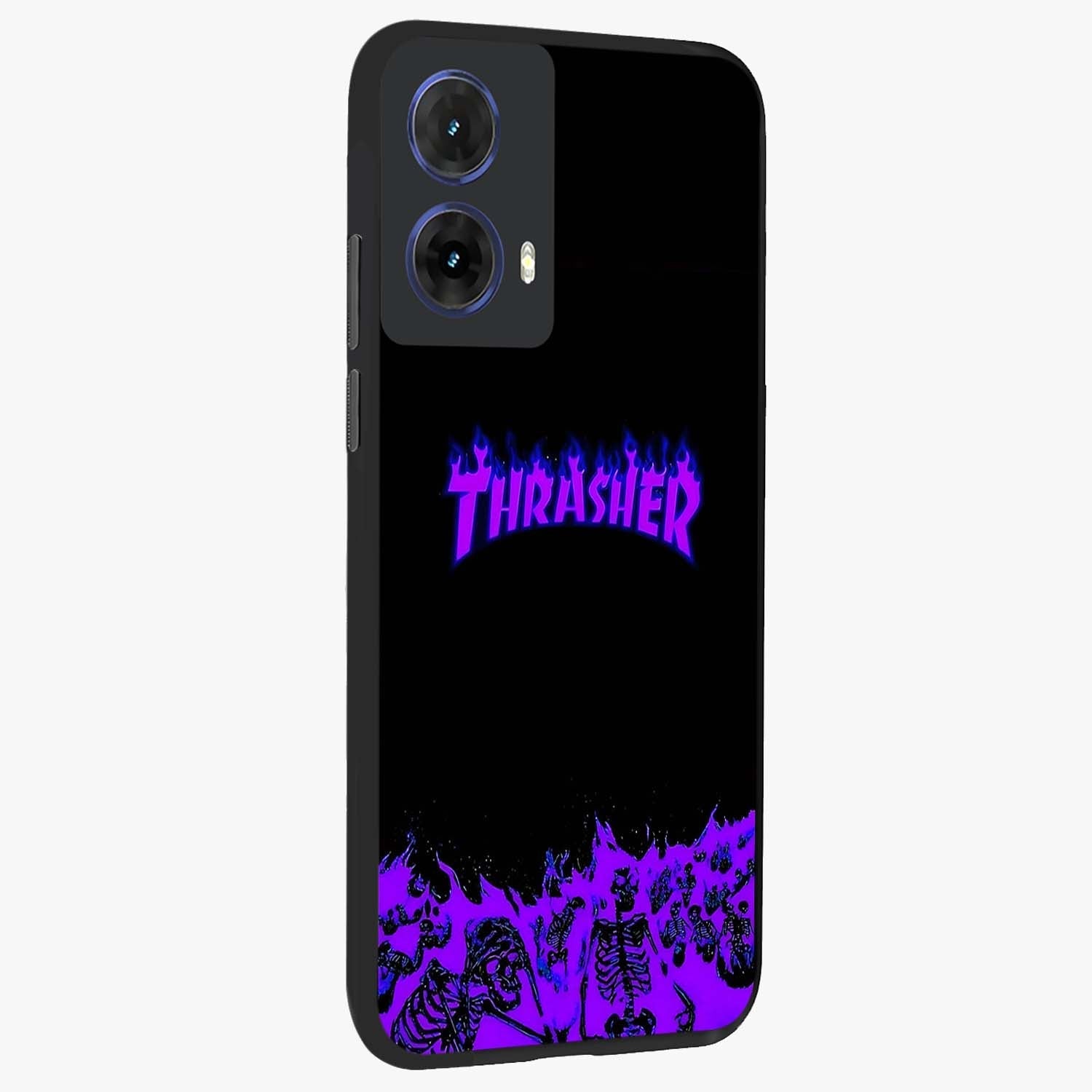 Neon Flame Riot Glass Case upright view showcasing dynamic flame artwork with energetic neon theme.