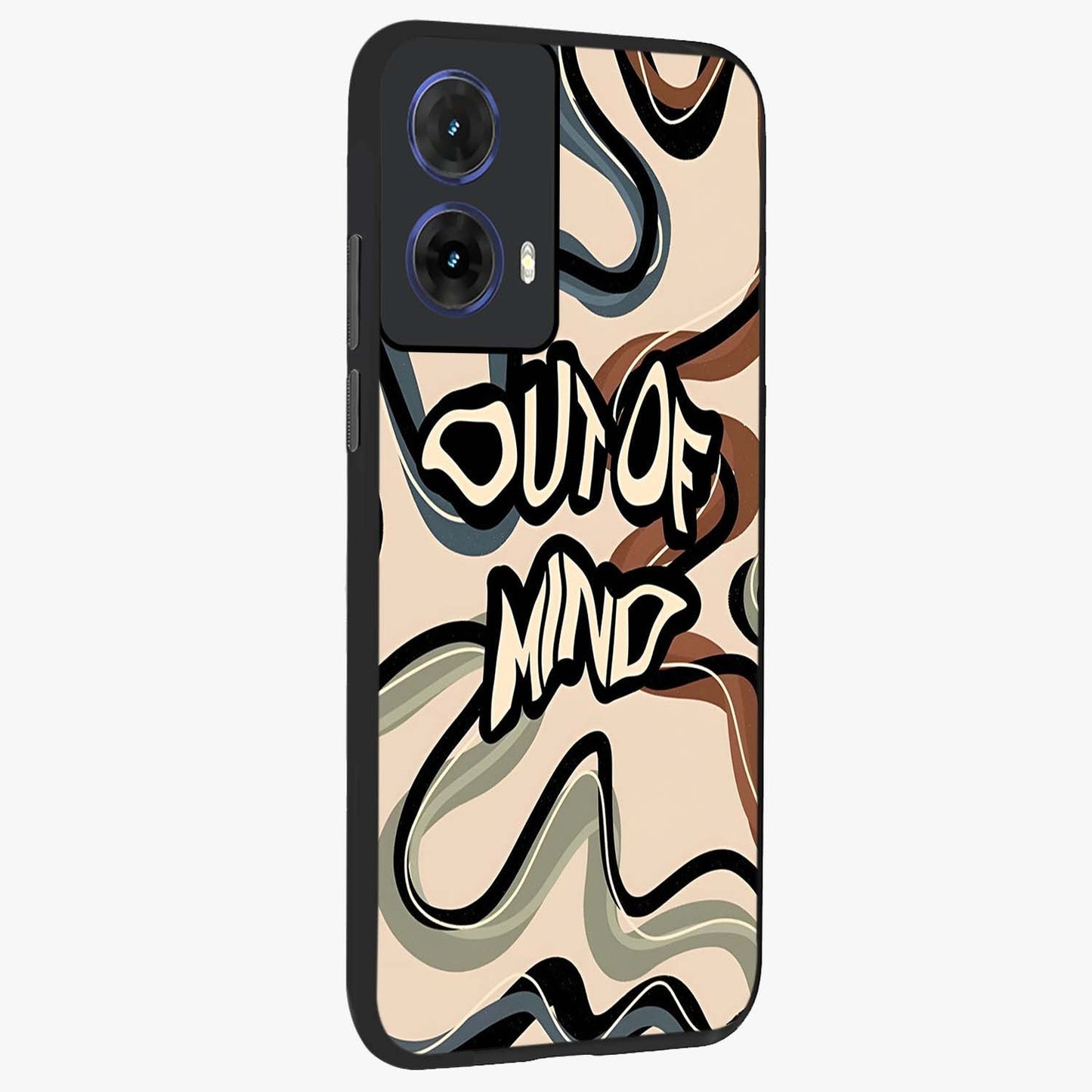 Out Of Mind Glass Case upright view showcasing striking typography artwork with edgy conceptual theme.