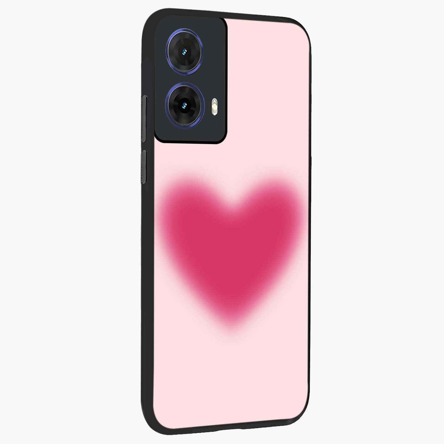 Pink Aura Heart Glass Case upright view showcasing romantic heart artwork with soft pastel theme.