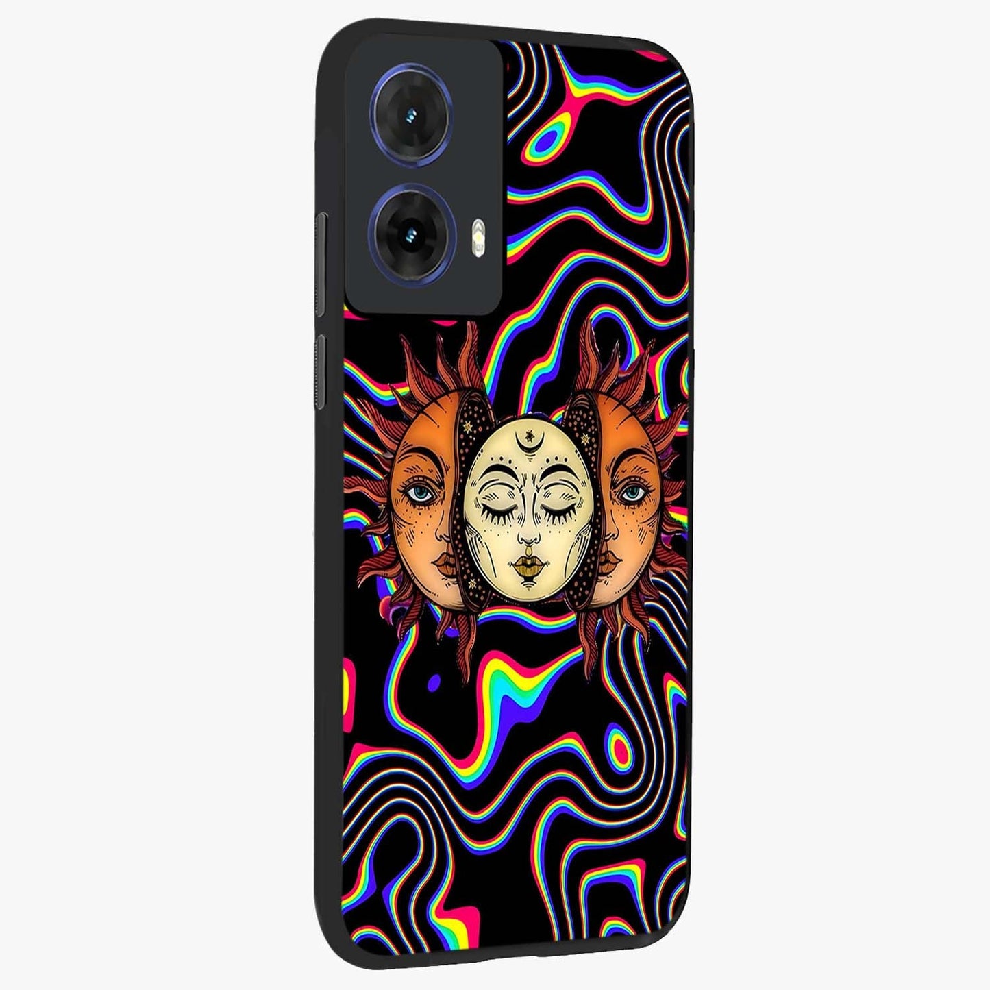 Psychedelic Sun Glass Case upright view showcasing trippy sun artwork with bold psychedelic theme.