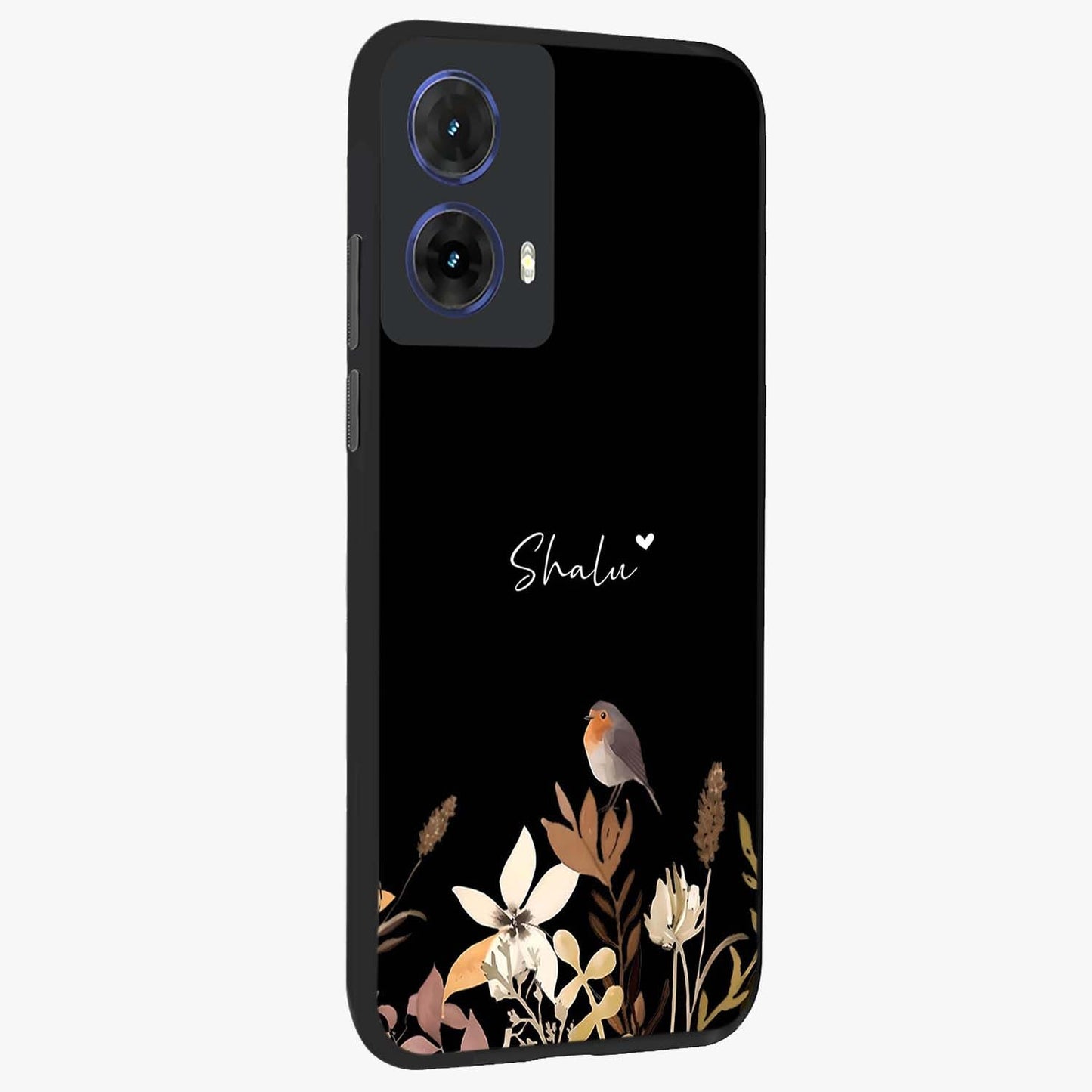 Quiet Garden Tune Custom Name Glass Case upright view showcasing serene botanical artwork with personalized aesthetic.