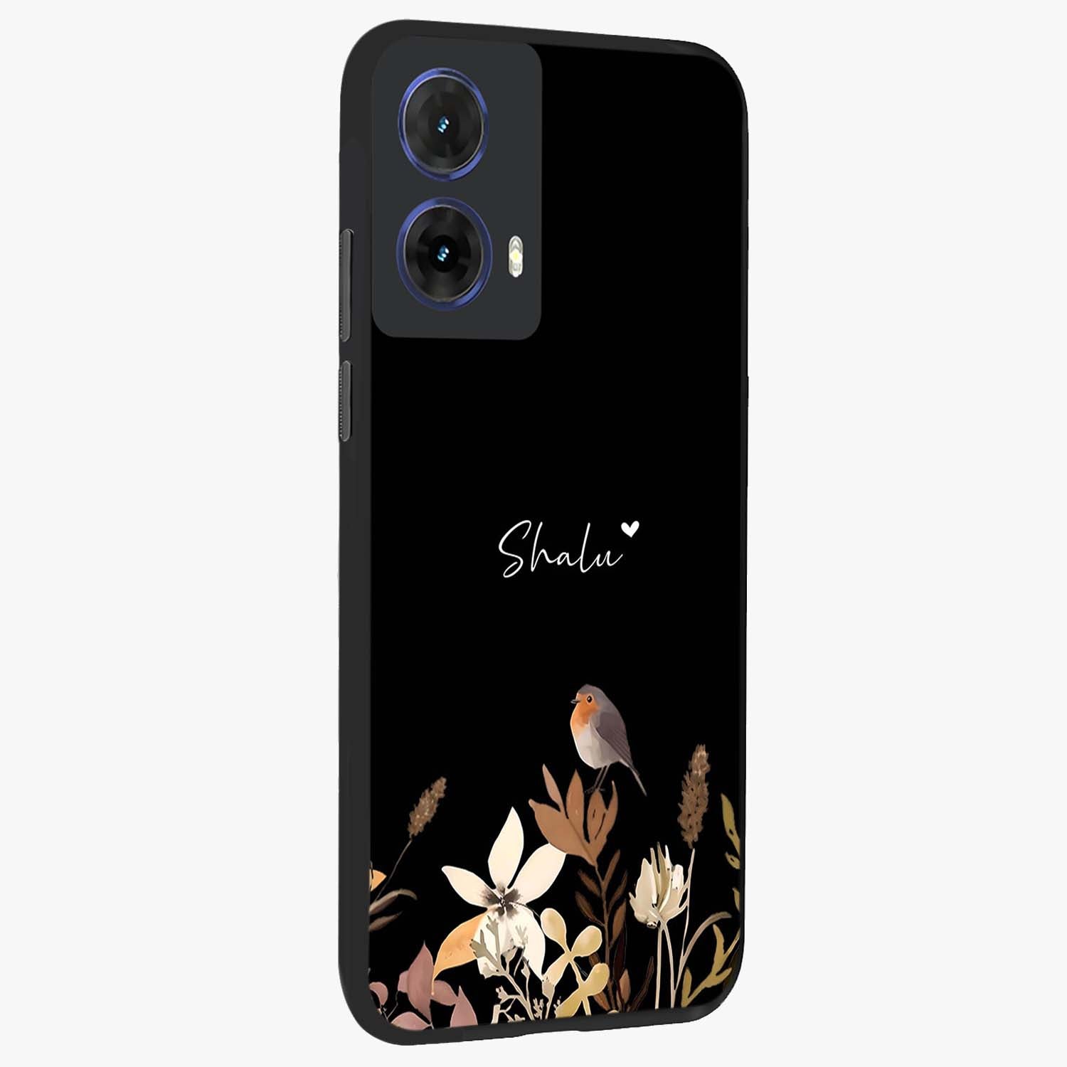 Quiet Garden Tune Custom Name Glass Case upright view showcasing serene botanical artwork with personalized aesthetic.