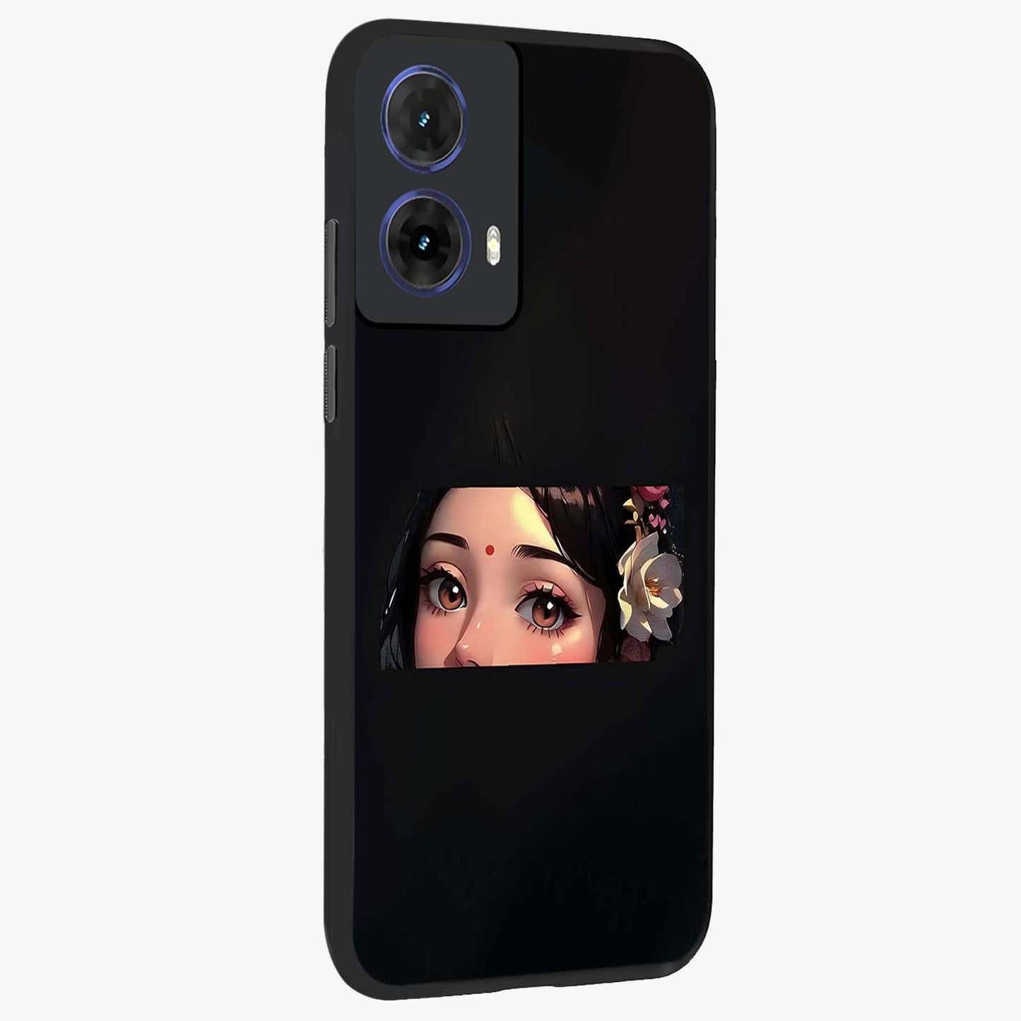 Radha Divine Embrace Glass Case upright view showcasing sacred Radha themed artwork with peaceful devotional style.