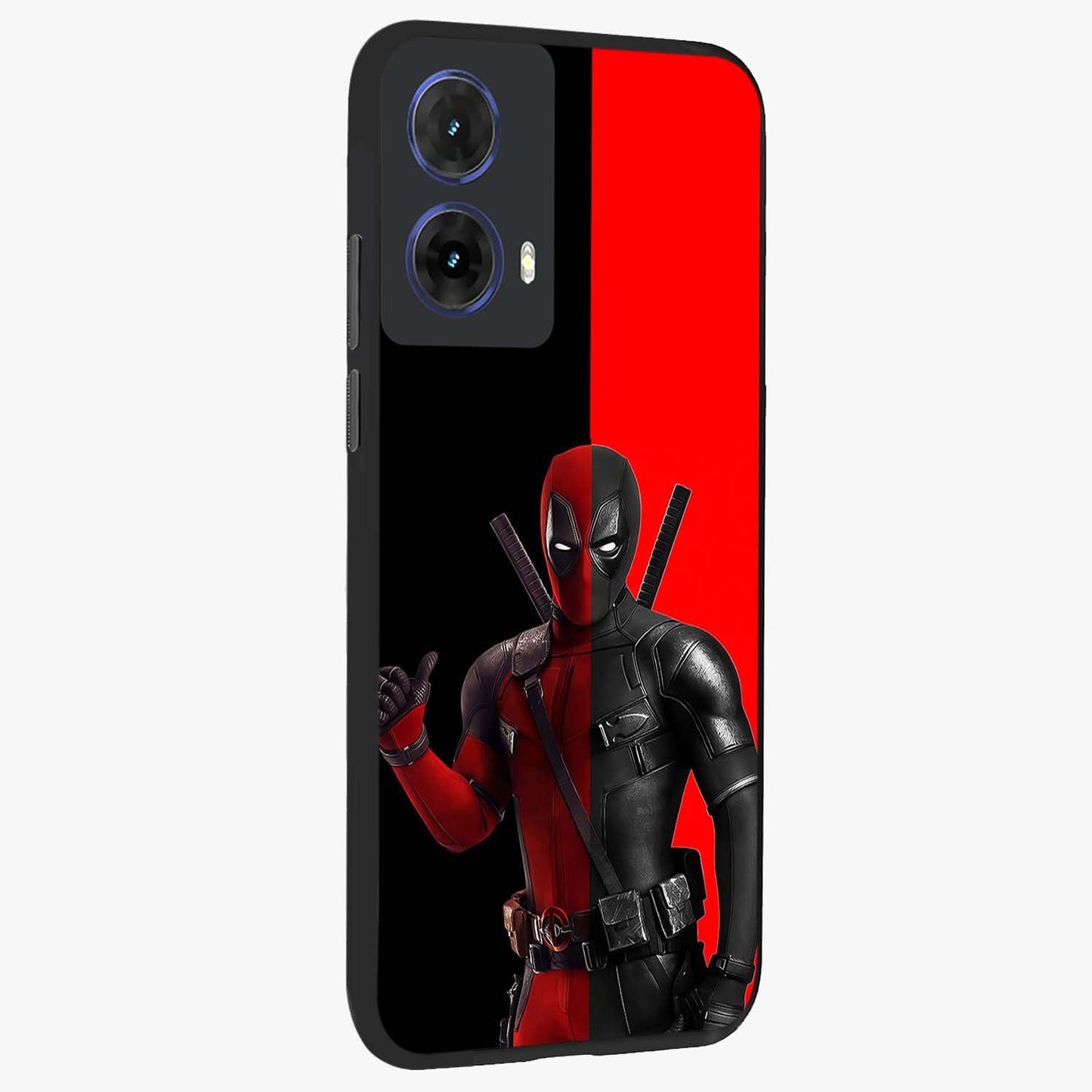 Red & Black Deadpool Theme Glass Case upright view showcasing energetic comic themed artwork with striking red and black design.