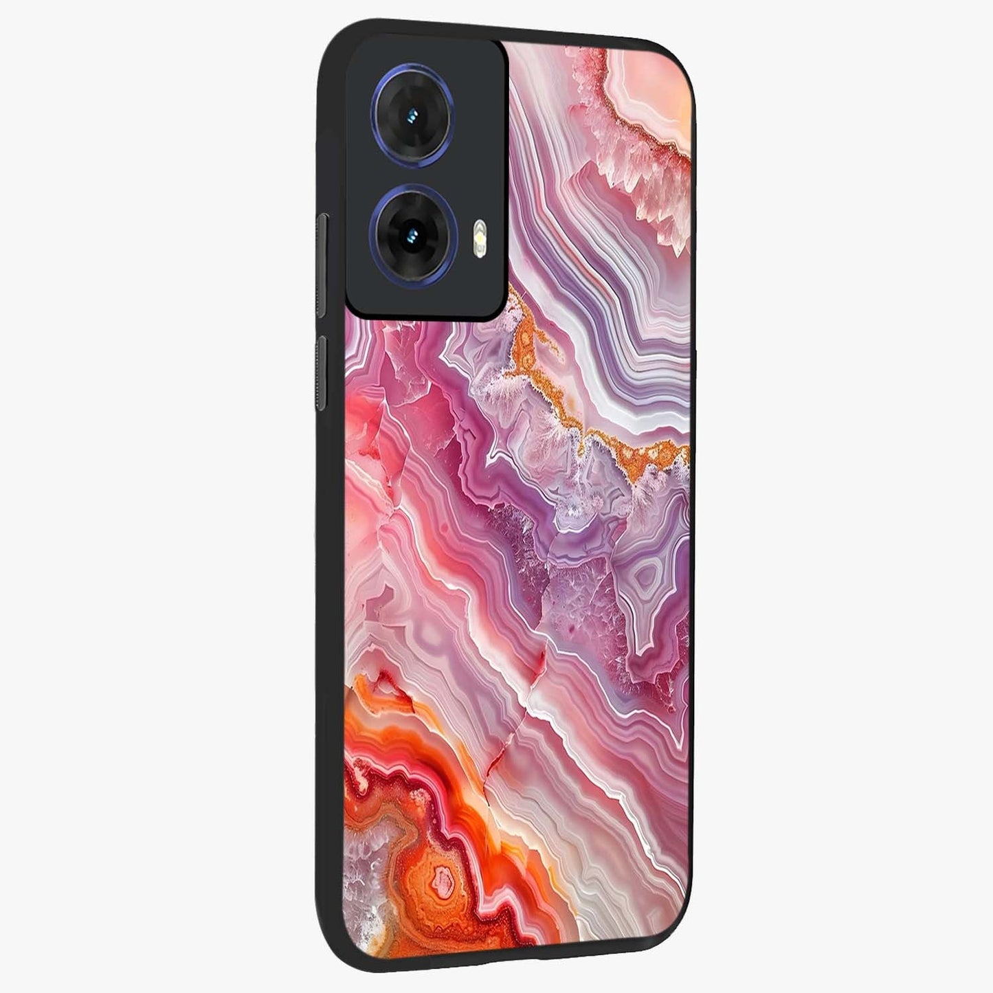 Rose Quartz Marble Glass Case upright view showcasing decorative marble artwork with luxurious pastel theme.