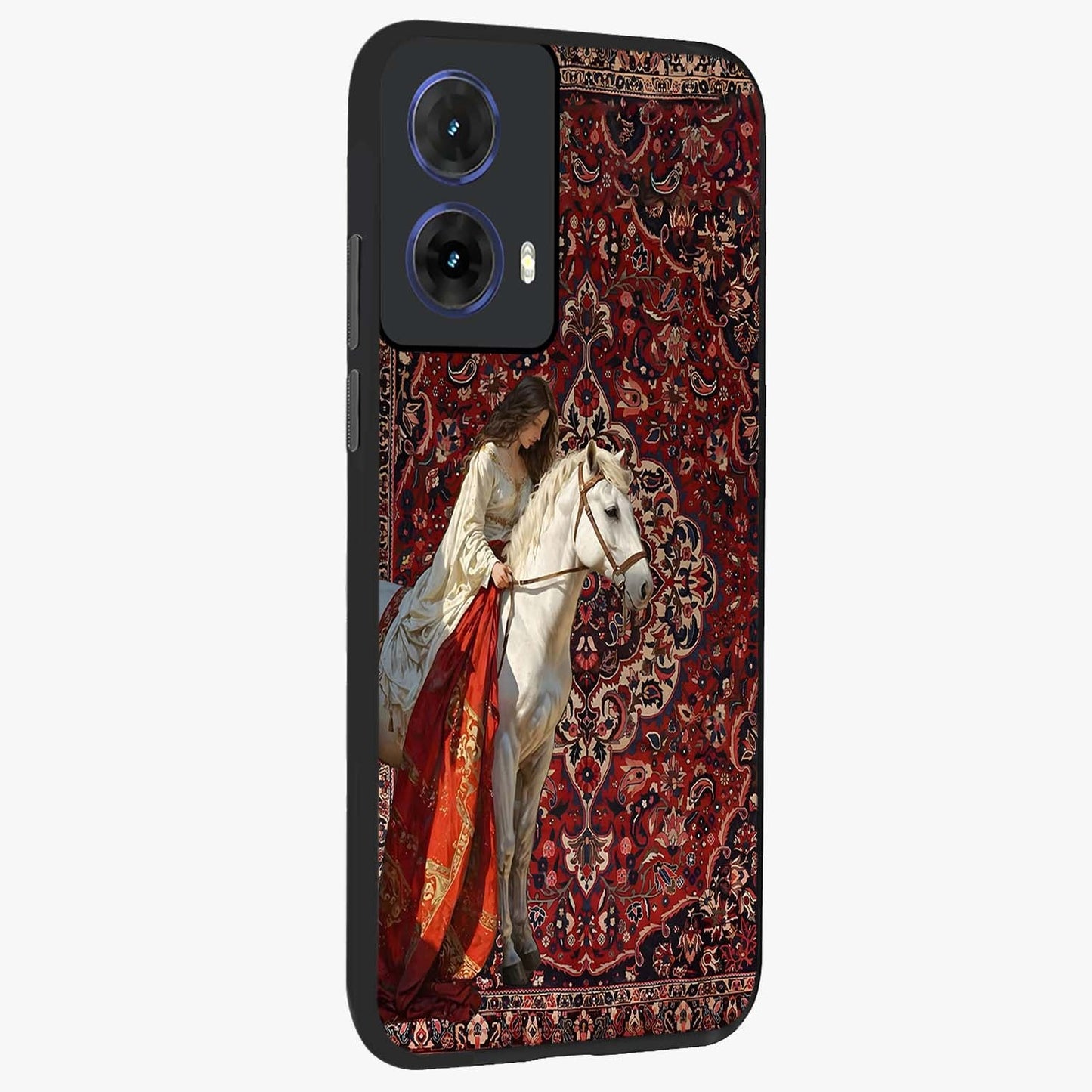 Royal Rider Tapestry Glass Case upright view showcasing detailed rider artwork with classic tapestry theme.