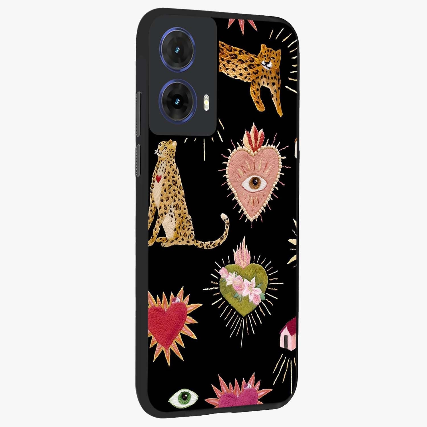 Sacred Jungle Heart Glass Case upright view showcasing vibrant jungle artwork with symbolic heart theme.