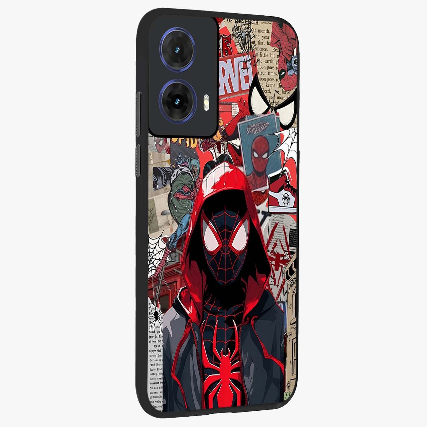 Spider Collage Street Glass Case upright view showcasing bold superhero artwork with urban street theme.