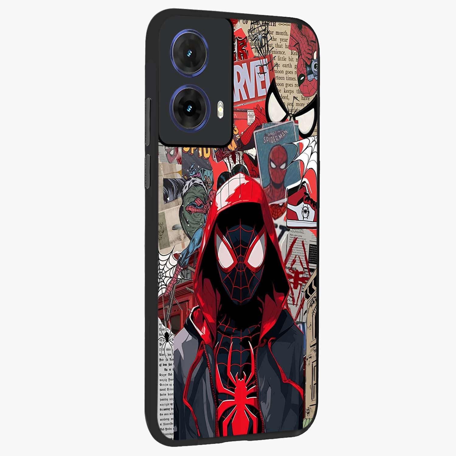 Spider Collage Street Glass Case upright view showcasing bold superhero artwork with urban street theme.