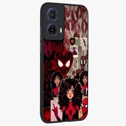 Spider Love Story Glass Case upright view showcasing charming superhero artwork with romantic comic theme.