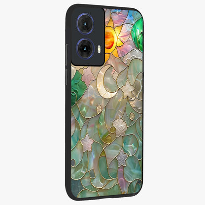 Stained Sunrise Glow Glass Case upright view showcasing colorful sunrise artwork with warm morning theme.
