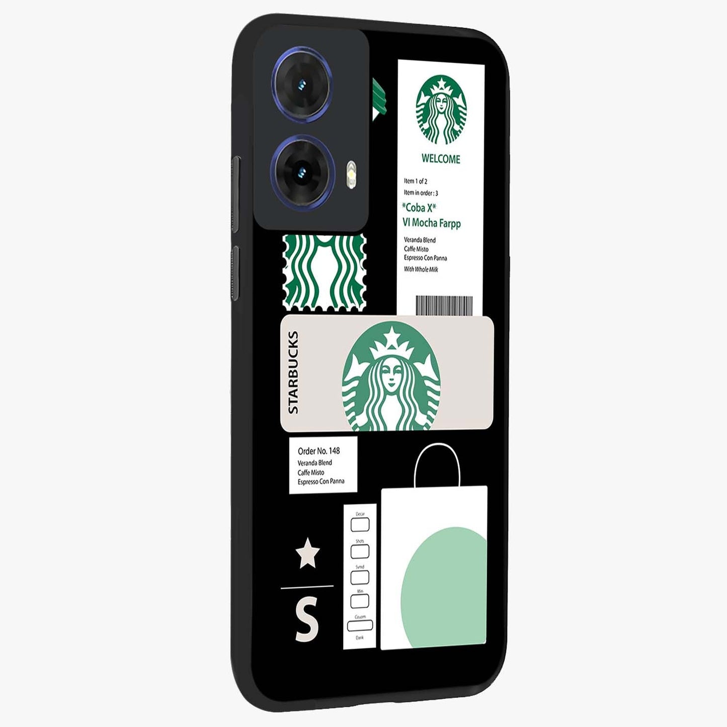 Starbucks Mocha Glass Case upright view showcasing trendy coffee inspired artwork with modern lifestyle theme.