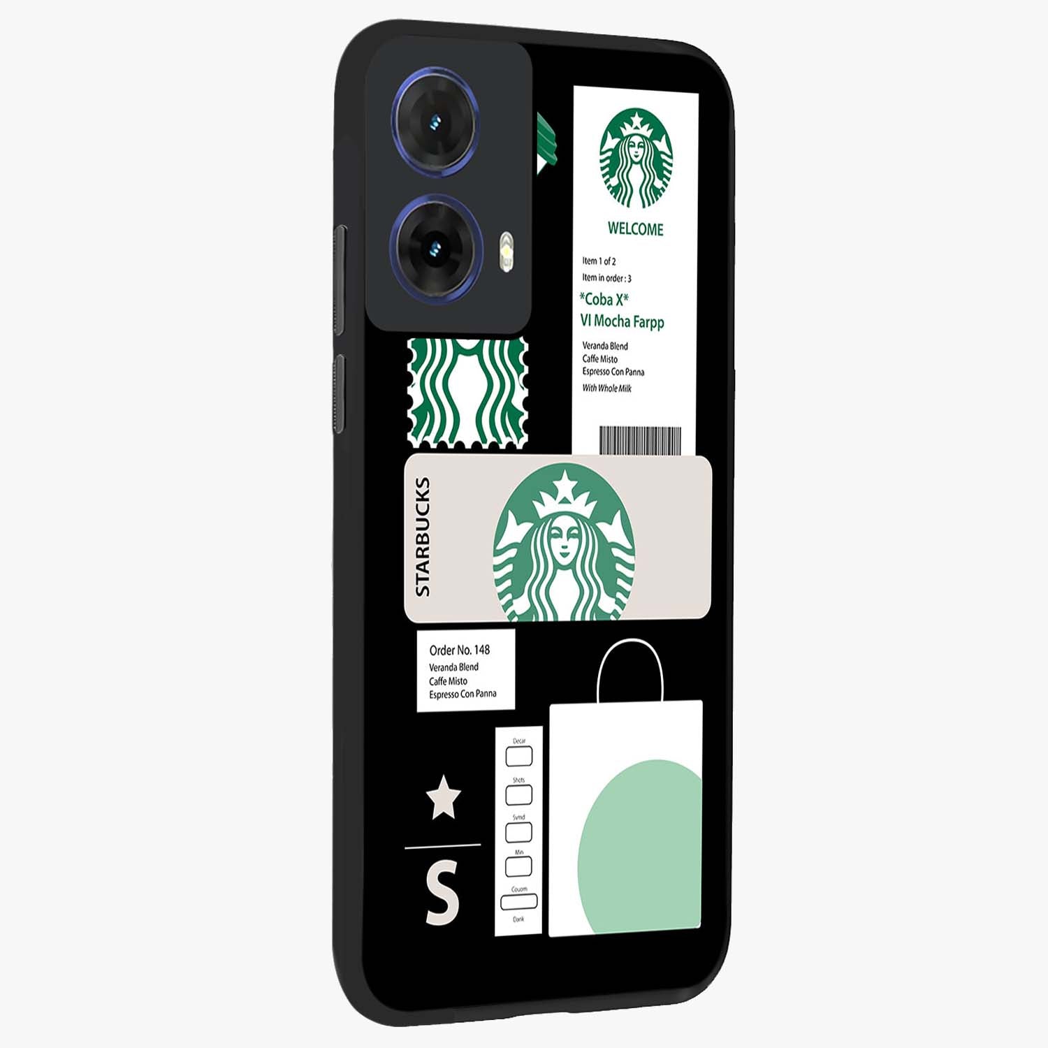 Starbucks Mocha Glass Case upright view showcasing trendy coffee inspired artwork with modern lifestyle theme.