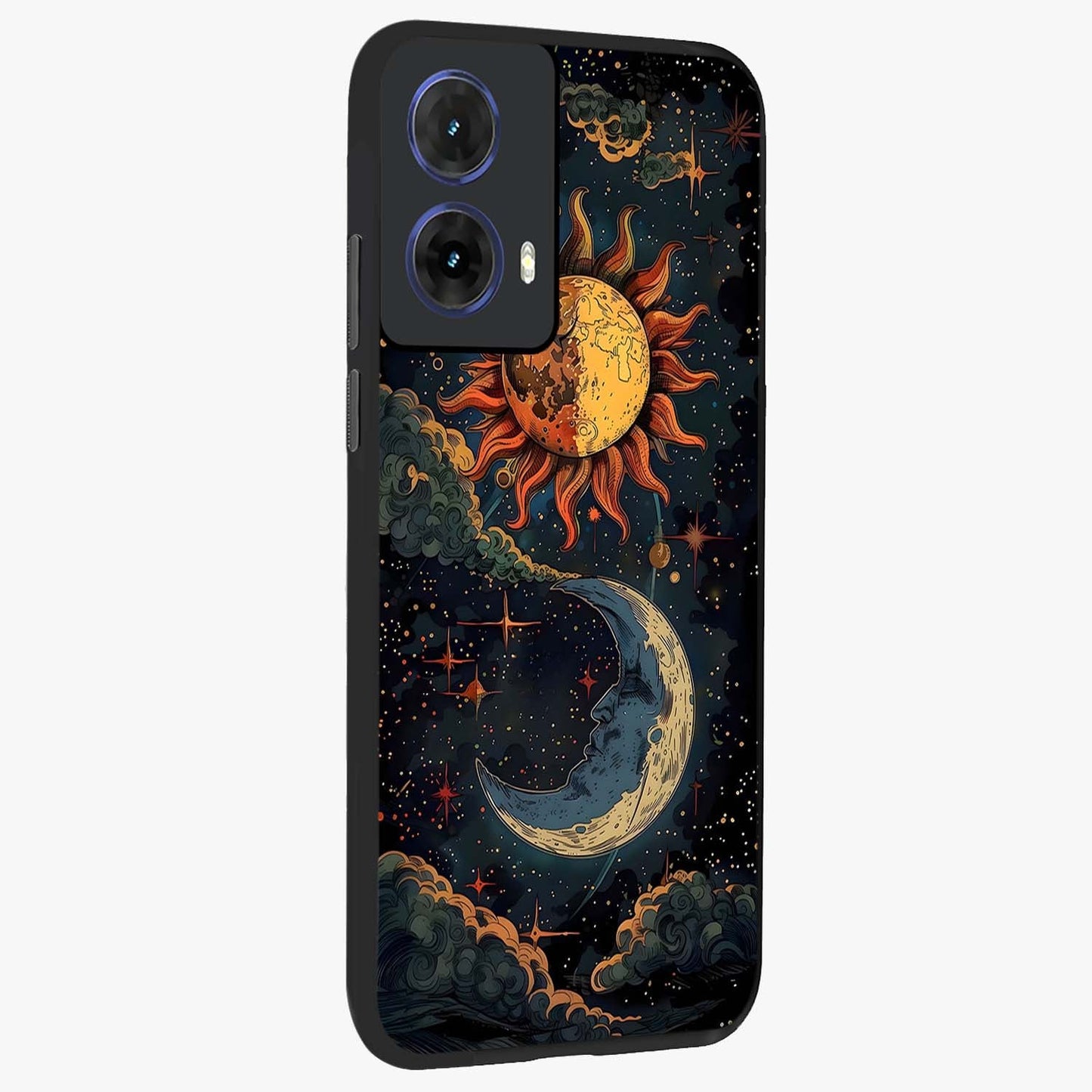 Sun And Moon Magic Design Glass Case upright view showcasing decorative sun and moon artwork with spiritual celestial theme.