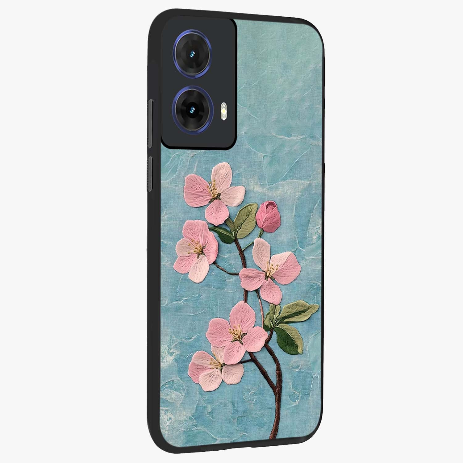 Threaded Blossom Breeze Glass Case upright view showcasing graceful flower artwork with calm botanical theme.