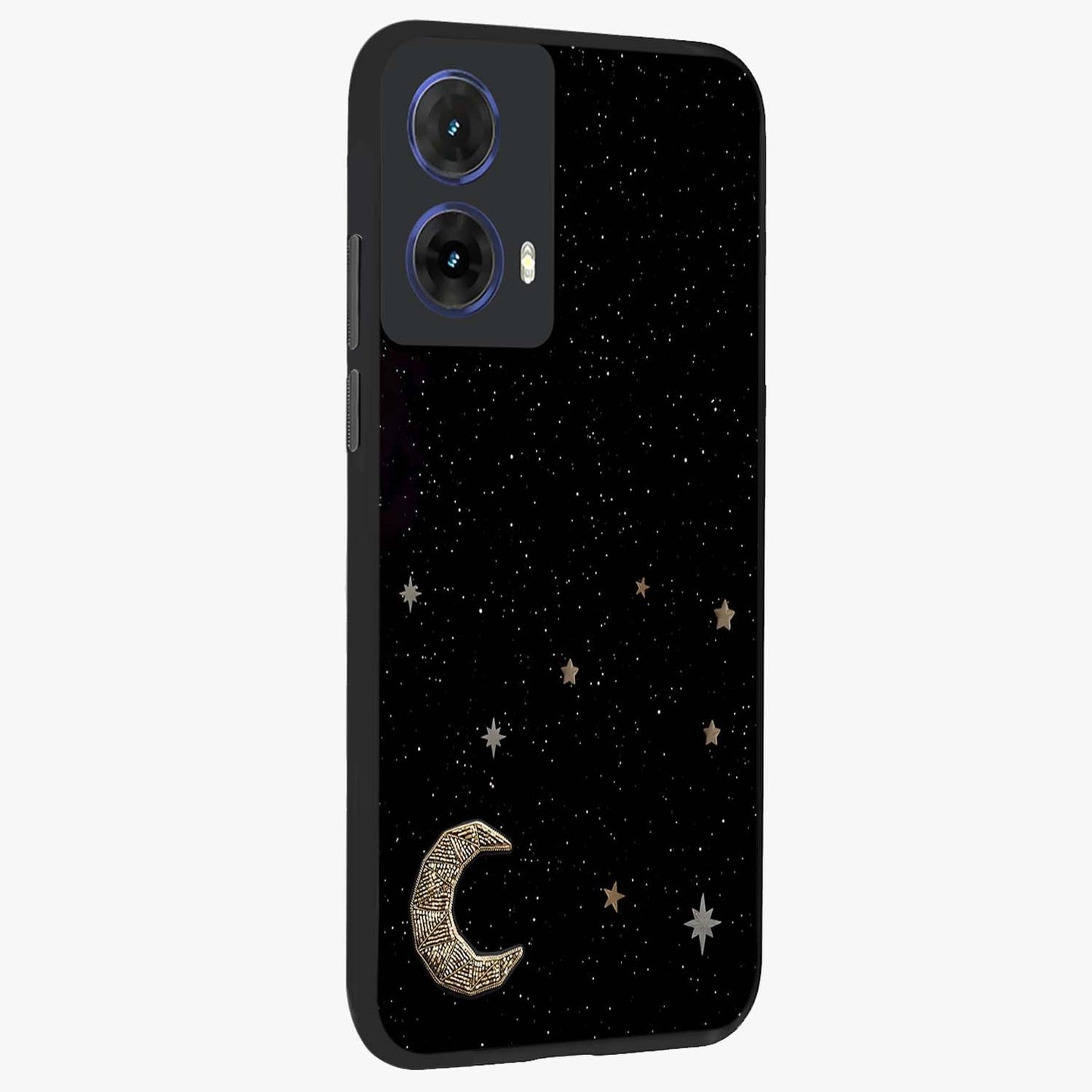 Twinkle Star With Half Moon Glass Case upright view showcasing glowing cosmic artwork with dreamy night theme.