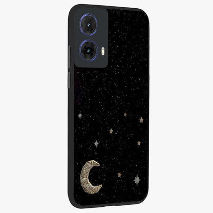 Twinkle Star With Half Moon Glass Case upright view showcasing glowing cosmic artwork with dreamy night theme.