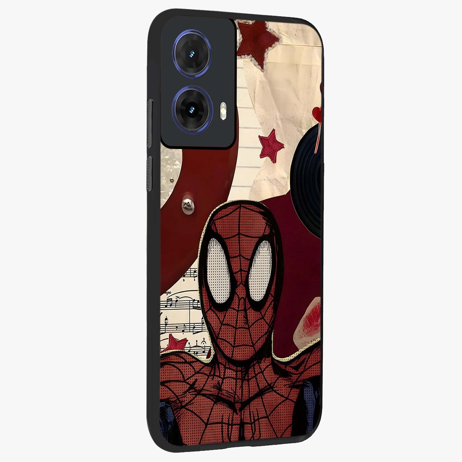 Web Warrior Vibes Glass Case upright view showcasing energetic superhero artwork with bold action theme.