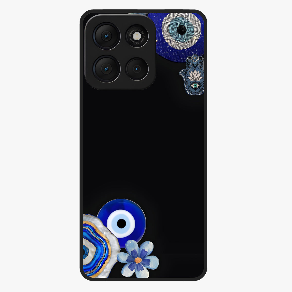 Aesthetic Blue Evil Eye Glass Case showing flat back view with protective evil eye artwork and glossy glass finish.