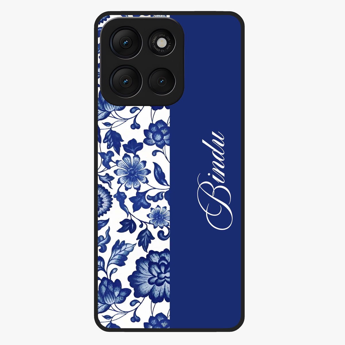 Blue Vintage Floral Pattern Glass Case upright view showcasing timeless floral illustration with vintage inspired style.