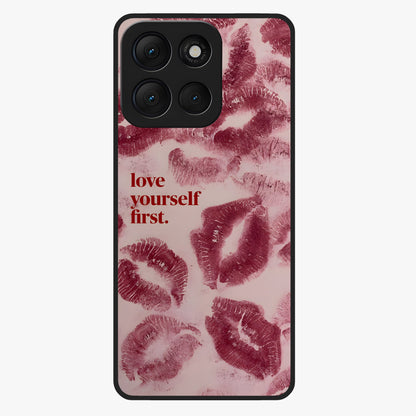 Crimson Kiss Love Glass Case showing flat back view with romantic crimson themed artwork and glossy glass finish.