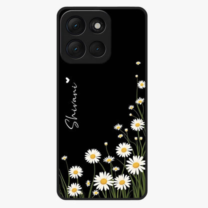 Daisy Cascade Custom Name Glass Case showing flat back view with cascading daisy flowers and personalized name design.