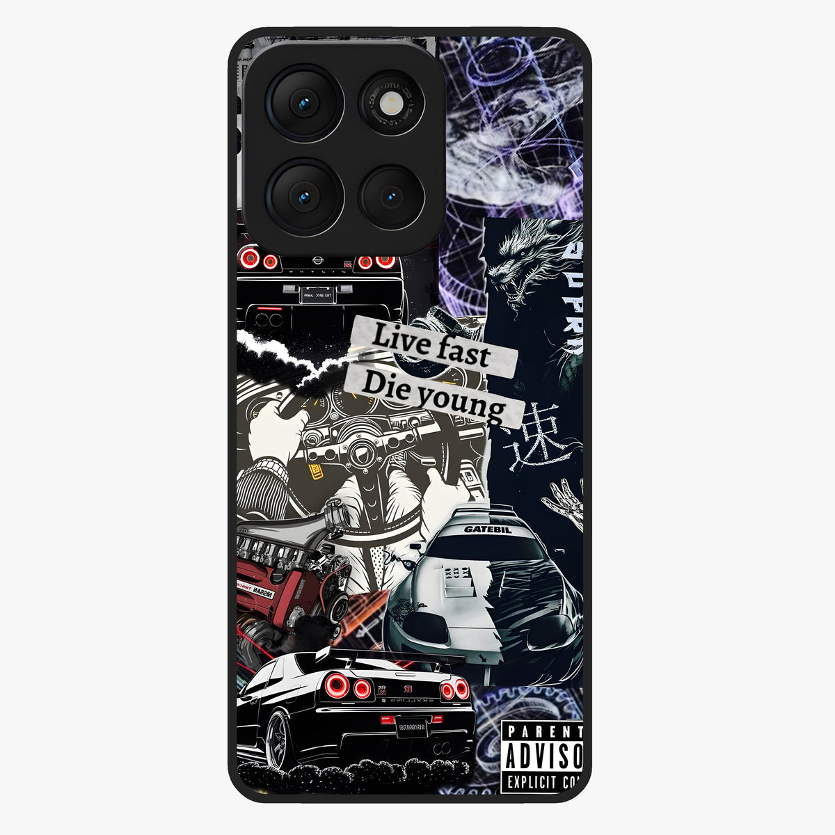 Die Young Glass Case showing flat back view with bold artistic typography design and glossy glass finish.