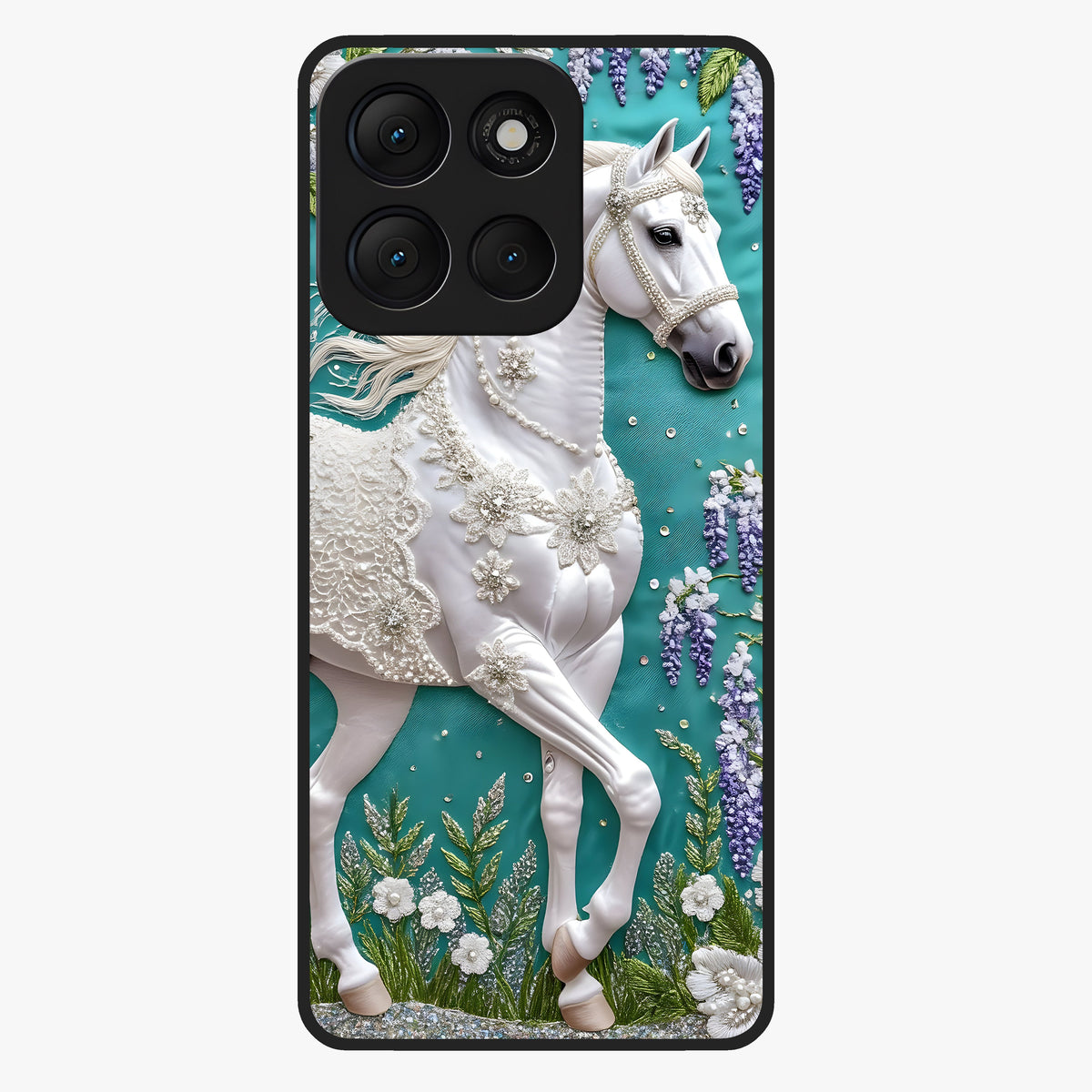 Majestic Floral Stallion Glass Case showing flat back view with powerful horse and floral artwork and glossy glass finish.