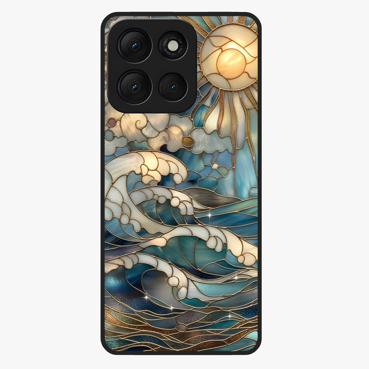 Oceanic Stained Printed Glass Case showing flat back view with ocean inspired stained pattern artwork and glossy glass finish.