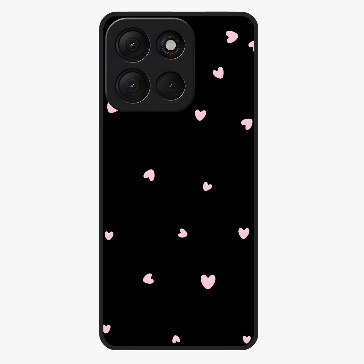 Pink Love Drops Glass Case showing flat back view with playful pink heart drops artwork and glossy glass finish.