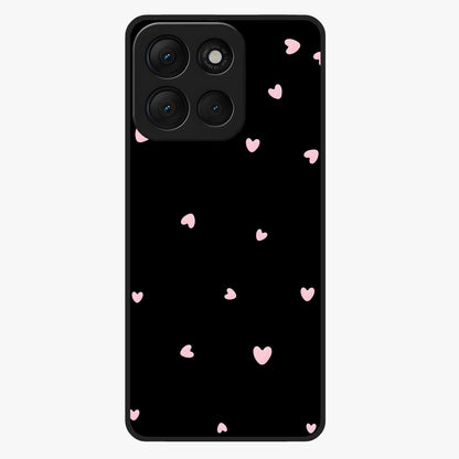 Pink Love Drops Glass Case showing flat back view with playful pink heart drops artwork and glossy glass finish.