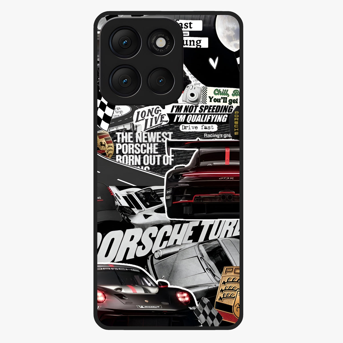 Porsche Racing Collage Glass Case showing flat back view with sports car racing collage artwork and glossy glass finish.